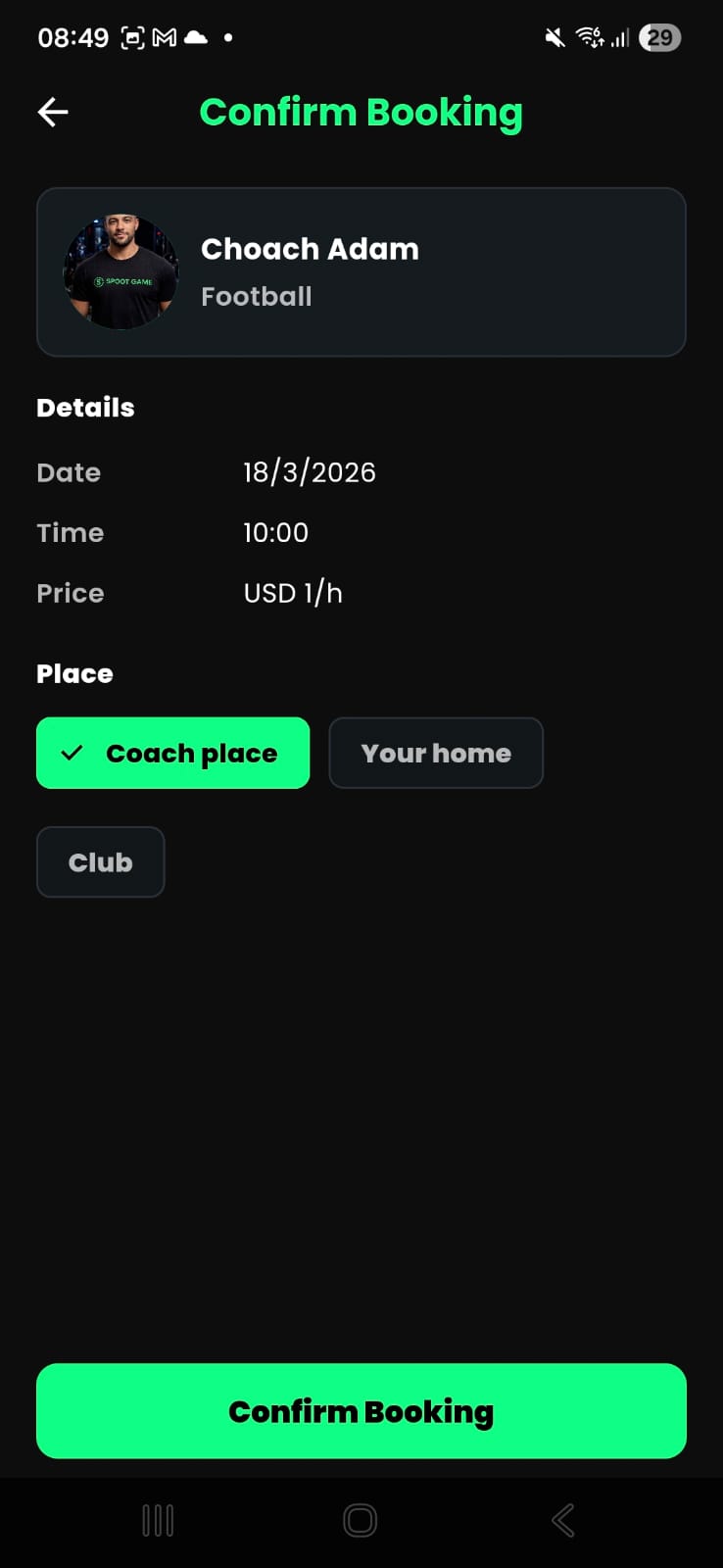 Confirm booking screen